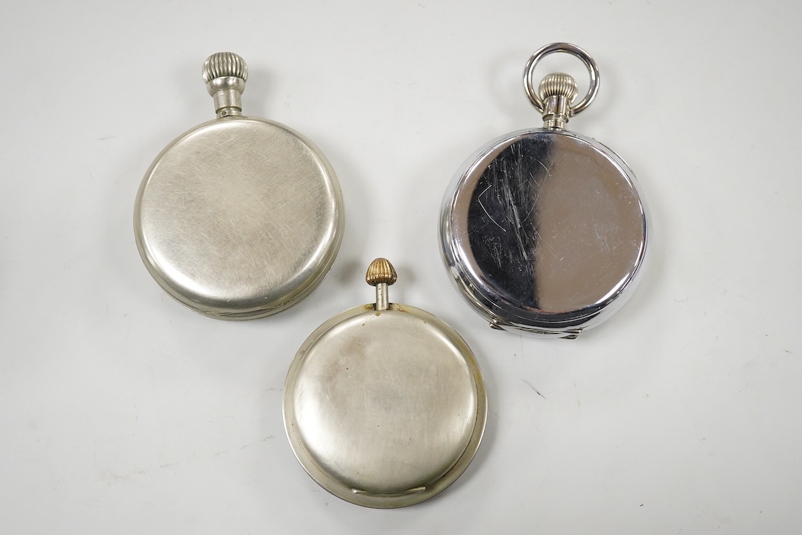 An erotic globe watch, a base metal open faced 8 day keyless pocket watch and two car dashboard clocks including Glo-Worm, largest case diameter 66mm.